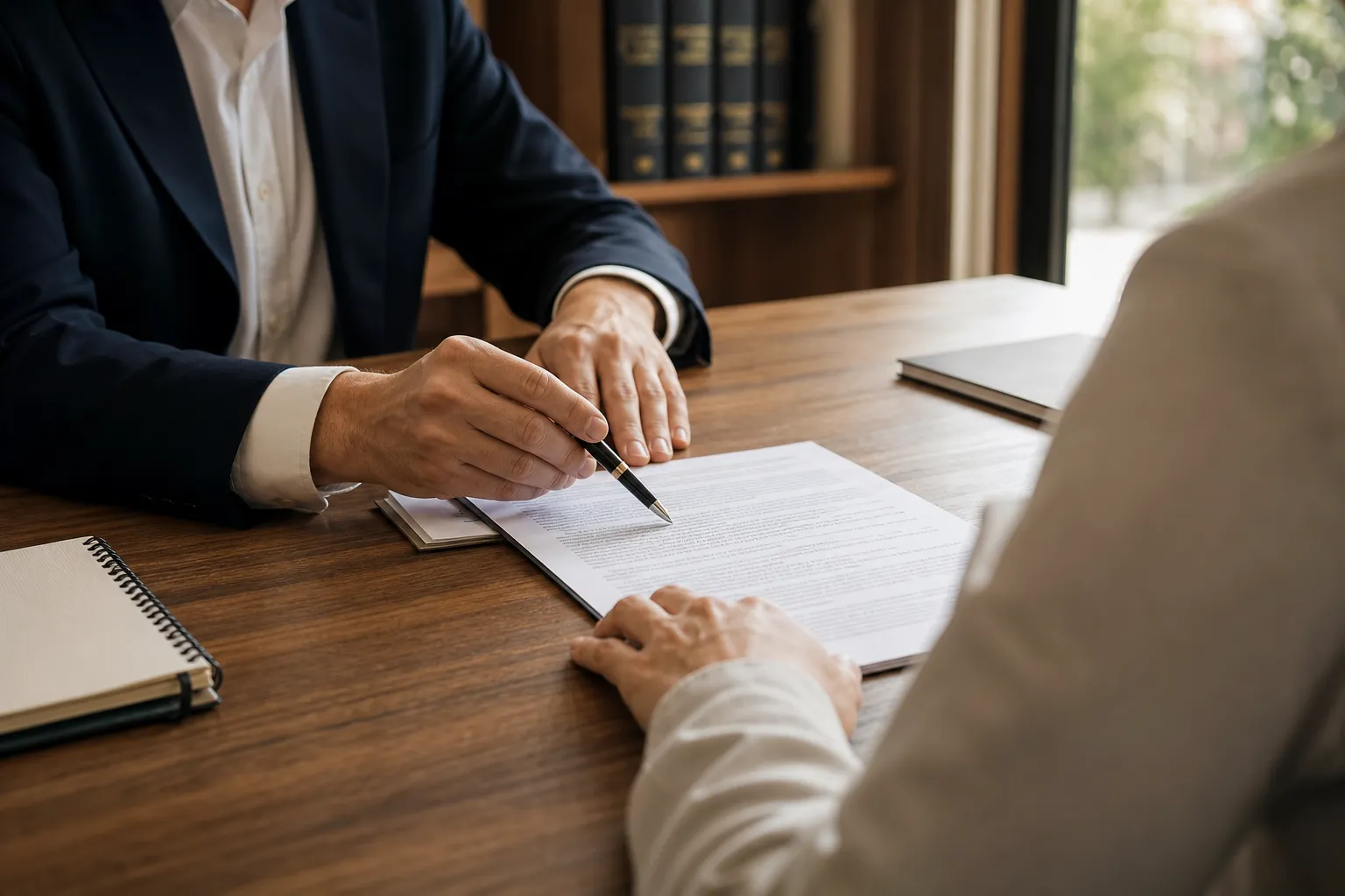 Attorney and client in a focused consultation, reviewing case facts in a professional office setting